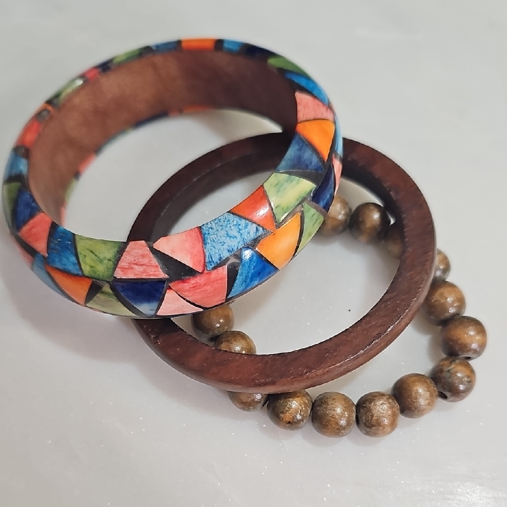 Vintage Multicolor Geometric and Wood Bracelet Set